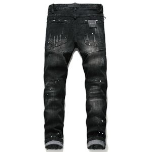 Chaud hommes Badge déchirures Stretch noir jean créateur de mode coupe ajustée lavé moto Denim pantalon lambrissé Hip HOP pantalon 2020