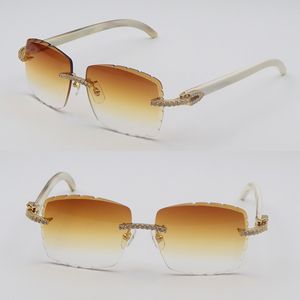 Hot Moissanite Diamond Set Lunettes de soleil sans monture Femme Carat Diamant Lunettes de soleil Original Rayures blanches Véritable Corne naturelle Hommes Femmes Lunettes de soleil de luxe Nouvelle lentille