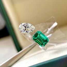 Hot nouveau 925 Silver Pile Cut Green Emerald Cut Simulated Diamond Wedding Party Vintage Gemstone Open Ring Fine Bijoux Cadeaux de Noël