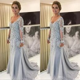 ¡CALIENTE! Nueva llegada Sirena Tallas grandes Vestidos de noche de fiesta Cuello en V Mangas largas Apliques de encaje Cuentas de tul Tren de barrido Vestido de madre de la novia