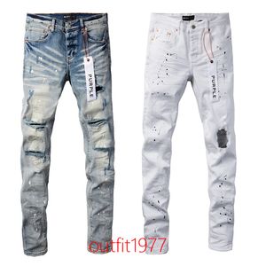 Hete nieuwe mode 2024 Slim 1: 1 jeans paarse merk jeans denim heren slank fit streetwear verontruste mager stretch beschadigde vernietigd gat gescheurde jeans streetwear