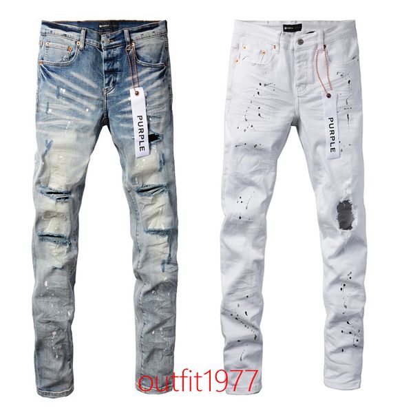 Hot New Fashion 2024 Slim 1: 1 Jeans Brand Purple Brand Jeans Denim Slim Fit Streetwear Skinny Skinny Stretchy Strethage Dommaged Detracted Hole Ripped Jeans Streetwear