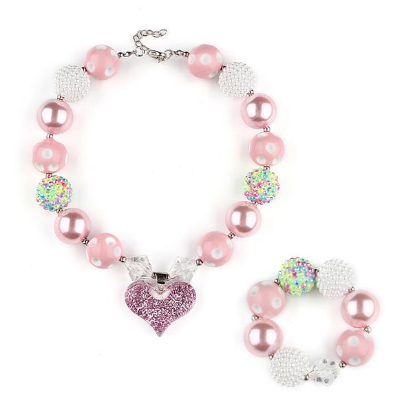 Livraison Gratuite Chaude Nouvelles Filles Gilitter Coeur Chunky Bubblegum Perle Collier Bracelet Ensemble De Mode Bijoux Pendentif HJ099