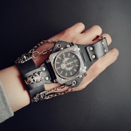 Hot Nieuwe Mannen Punk Schedel Zwart Lederen Armband Horloges met 50mm Brede Band Grote Wijzerplaat Horloge Uur voor mannen Relogio Masculino