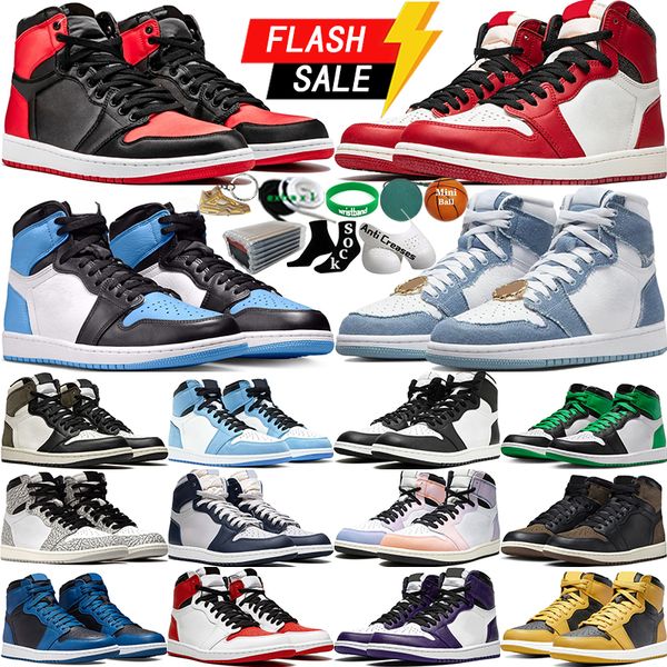 Avec la boîte 1 Hommes Femmes Chaussures de basket-ball 1S High Satin Bred Denim Chicago Hyper Royal University Blue True Lucky Green Palomino Mocha Black Toe UNC Hommes Baskets de sport