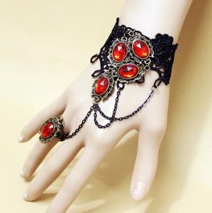 Nueva pulsera Retro de encaje negro para mujer con anillo, cadena integrada, moda clásica europea y americana, elegancia exquisita