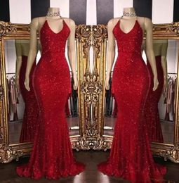 HEET! Nieuwe sparkly rode pailletten prom dresses halter zeemeermin lange prom jurken lage rug arabische feestjurk
