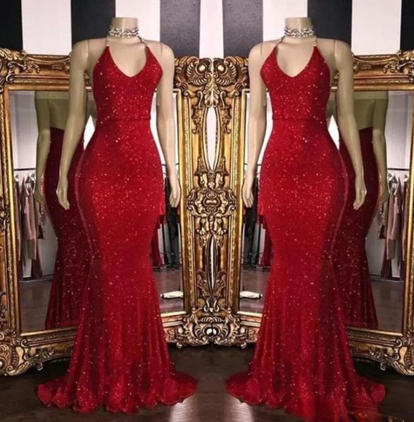 CHAUD! Nouveau Robes de bal en paillettes rouges scintillantes licou sirène longues robes de bal dos bas robe de soirée arabe