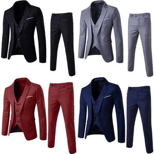 Hot Oeak Men Blazers 3 PCS Blazer +Chaleco +Pantalones Conjuntos de trajes Solid Color Broundsing Traje de negocios 201105