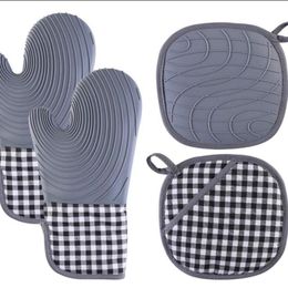 Hot Pads Ensembles de gants de cuisine et de maniques en silicone avec doublure matelassée, gants de cuisine résistants à la chaleur, imperméables et flexibles pour la cuisson, la cuisson, les grillades RRA