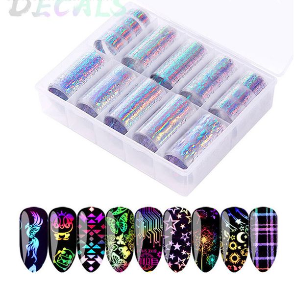 10 Uds mucho láser colorido Nail Art Sticker 3d llama fuego hoja holográfica láminas adhesivas para uñas calcomanías DIY decoraciones con purpurina