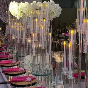 CHAUD! Décoration de fête en gros 10 bras à longue tige moderne tube acrylique transparent ouragan bougeoirs en cristal centres de table de mariage