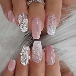 Ongles en acrylique rose vif appuyez sur Ombre brillant portable bouts d'ongles papillon eau diamant progressif Nail Art en vrac