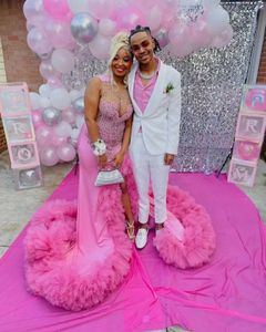 Hot Pink Afrikaanse Prom Jurk Voor Vrouwen Sparkly Diamond Crystal Sheer Mesh Avond Celebrity Gown Vestidos De Gala Mujer 322
