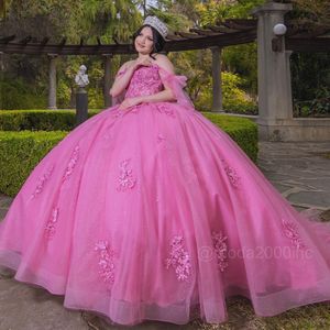 Hete roze baljurk Quinceanera jurken veter rug zoet 16 jurk van de schouder kanten appliqued kralen feestjurken