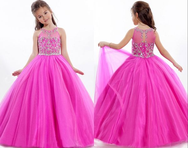 Robes de concours rose vif pour petites filles, jupe longue en Tulle, robe de soirée pour enfants, robe de bal d'anniversaire, sur mesure