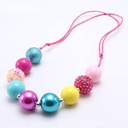 Hot Pink + Blauwe Kleur Verstelbare Kid Chunky Necklace Aangepaste Touw Bubblegume Bead Chunky Ketting Sieraden voor Baby Kid Girl