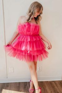 Hete roze cocktail prom -jurk fuchsia formele feestjurken tweede receptie verjaardag verlovingsjurken gewaad de soiree Homecoming Dress 18