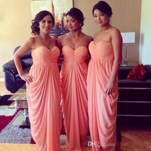 Roze koraal kleur bruidsmeisje jurken lieveling chiffon ruches prachtige bruidsmeisjes formele feestjurken lange goedkope blozen jurk