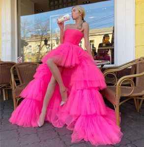 Hete roze fuchsia prom jurk 2023 strapless high low lage long tule dames avond formele feestjurken verjaardag elegant gewaad de soiree