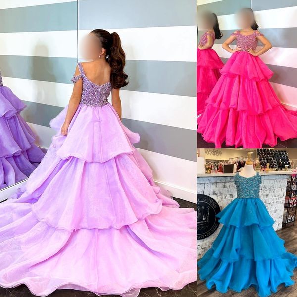 Robe de concours de fille rose vif 2024 robe de bal perles organza bretelles cou petit enfant anniversaire robe de soirée formelle enfant en bas âge adolescents préadolescents sucre bleu lilas jupe à volants