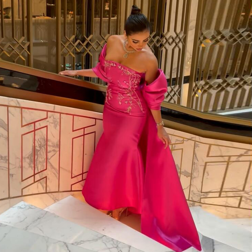 Ярко -розовая русалка Dubai Luxury Prom Evening Frome с платкой на мысе 2023 Арабские женщины длинные вечерние гала -платья
