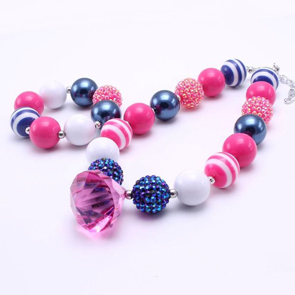 Rose vif + couleur marine gros collier bracelet ensemble mode strass perles enfants fille Bubblegum gros collier de perles ensemble de bijoux