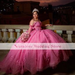 Hete roze prinses Quinceanera kleedt off -schouder kanten appliques kristallen baljurk zoete 16 feestjurken Vestidos de 15 anos custom