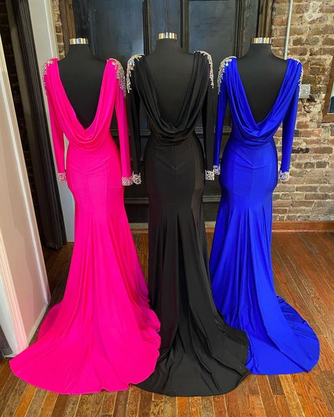 Hot Pink Prom Dress 2k23 AB Stones Mangas largas Stretch Lycra Lado de la pierna Slit Sweep Train Met Gala Pageant Gown Cowl Back Evening Wedding Party Hoco Royal Black White