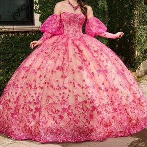 Hot Pink desmontable Puff manga vestido para quinceañeras apliques con cordones Vestidos De 15 Quinceañera dulce 16 Vestidos fiesta De noche Floral
