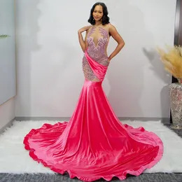 Hot Pink Rhinestone Prom Dresses 2024 See Through Mermaid Partij Jassen Voor Vrouwen Elegante Avondjurk Lange Robes De Soiree