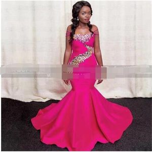 Hot Pink Satin Long Prom Dresses met Pailletten Sweetheart Mermaid Off Shoulder African Dames Avondjurken Robe De Soiree Mariage