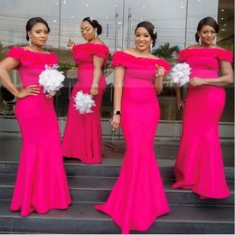 Hete roze satijnen zeemeermin bruidsmeisje jurken ruches van schouder Afrikaanse vrouwen lange bruiloftsfeestjurk Vestidos dama de honor 265d