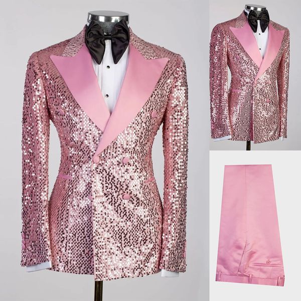 Hot Pink Sequins Men Boda de boda Tuxedos Novio de doble pecho