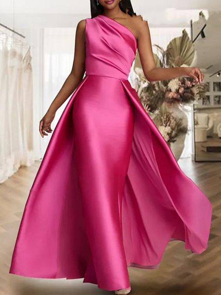 Rose vif gaine robes De soirée 2023 avec Train une épaule Satin femmes robes De bal longue Robe De soirée formelle Robe De soirée