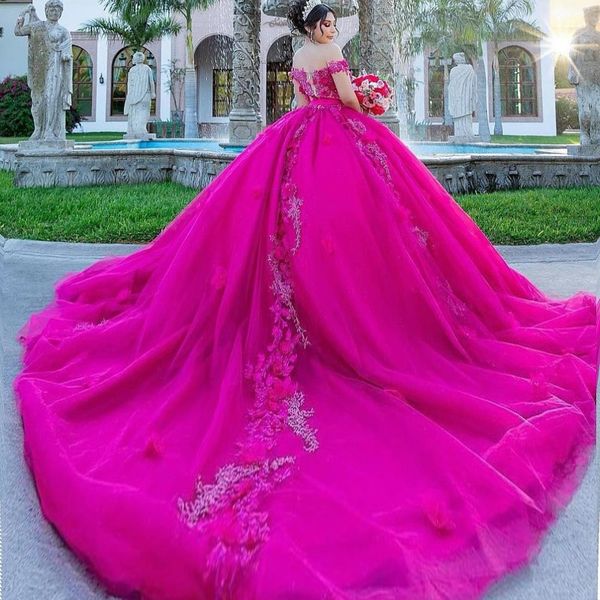 Hot Pink Shiny Quinceanera Robes Mexicain Sweetheart Dentelle 3DFlower Puffy Ball Robes Off-Shoulder Applique De Luxe Vestidos De XV Anos