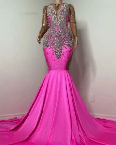 Hot Pink Sier Strass Prom Blackgirl Zeemeermin Feestjurk Vrouwen Elegante Kraal See Thru Formele Toga