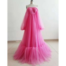 Hete roze Tule moederschap gewaad/Lace Up terug Ruffle Tulle jurk fotoshoot jurk/baby shower jurken/aangepaste maten/kleuren