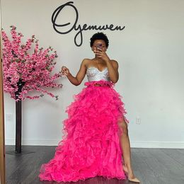 Hot Pink Two Pieces Prom Dresses Sweetheart Sequined Top Ruffles Tiered Split Cocktail Party Dress Puffy Girls vestidos de cumpleaños