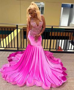 Hot Pink Veet Rainstone Mermaid Prom Dresses 2024 voor Black Girl zie door African Bridal Evening Sheer Mesh Party Dress 322