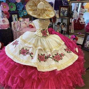 Hot Pink Vestidos de 16 Quinceanera Jurken Ruches Tiered Organza Baljurk Emboridery Apppliques Crystal Voor Feestjurk