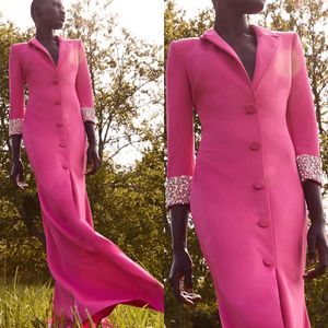 Hot Pink Women Long Jacket Crystal Beading Custom Made Slim Fit Long Sleeve Moeder van bruid blazer diploma Ceremony kleding slijtage