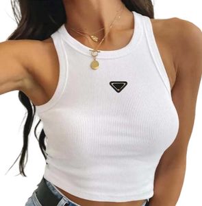 Hot Pr-a Summer White Women T-Shirt Tops Tees Crop Top Embroidery Sexy Shoulder Black Tank Top Casual Sleeveless Backless Top Shirts Luxury Designer Solid Color Vest