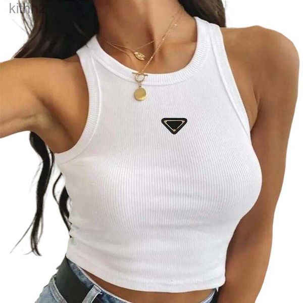 Hot PR-A Verano Blanco Mujer Camiseta Tops Tees Crop Top Bordado Hombro Sexy Tanque Negro Casual Sin mangas Camisas sin espalda Diseñador de lujo Chaleco de color sólido K7HH