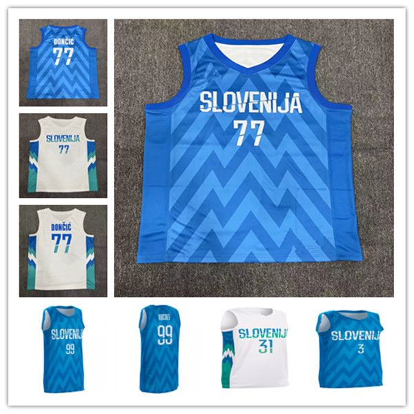 Hot Printed 2022 EuroBasket Slovenië Basketbalshirts 77 Luka Doncic 3 Goran Dragic 10 Mike Tobey 11 Jaka Blazic 30 Zoran Dragic 8 Edo Muric Blauw Wit