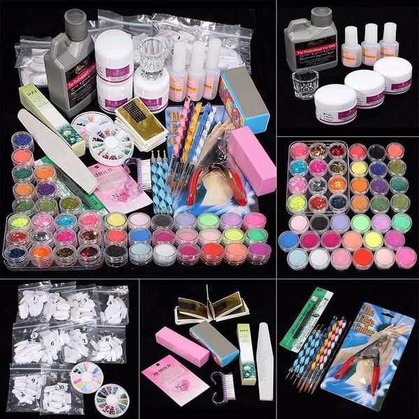 Kits d'art d'ongle professionnel 42 embouts acryliques poudre liquide brosse paillettes tondeuse apprêt fichier ensemble outils décoration