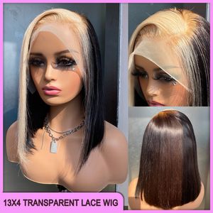 Qualité chaude Péruvienne Indien Brésilien Highlight Couleur 613 Noir 100% Raw Virgin Remy Cheveux Humains Soyeux Droit 13x4 Transparent Lace Frontal Bob Perruque