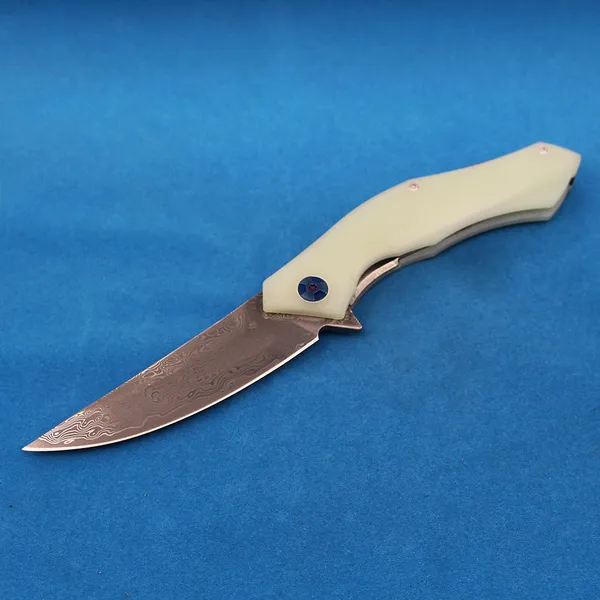 Hot R2308 Flipper Cuchillo plegable VG10 Hoja de acero de Damasco Jade G10 Mango Rodamiento de bolas EDC de apertura rápida Cuchillos de carpeta de bolsillo