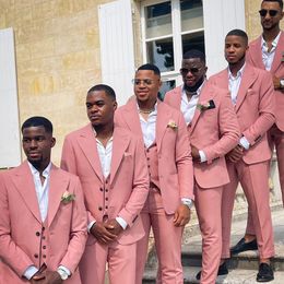 Hot Raden Pink Groom Tuxedos Peak Rapel Two Button Men Formal Suits Business Men Wear Wedding Prom Dinner Suits Jacket Pants Tie Vest