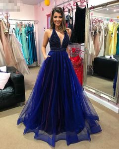 Hot Royal Blue beed Custom prom avondjurken v nek 2020 met zakken rode loper formele vakantiedroeg beroemde feestjurken op maat gemaakt